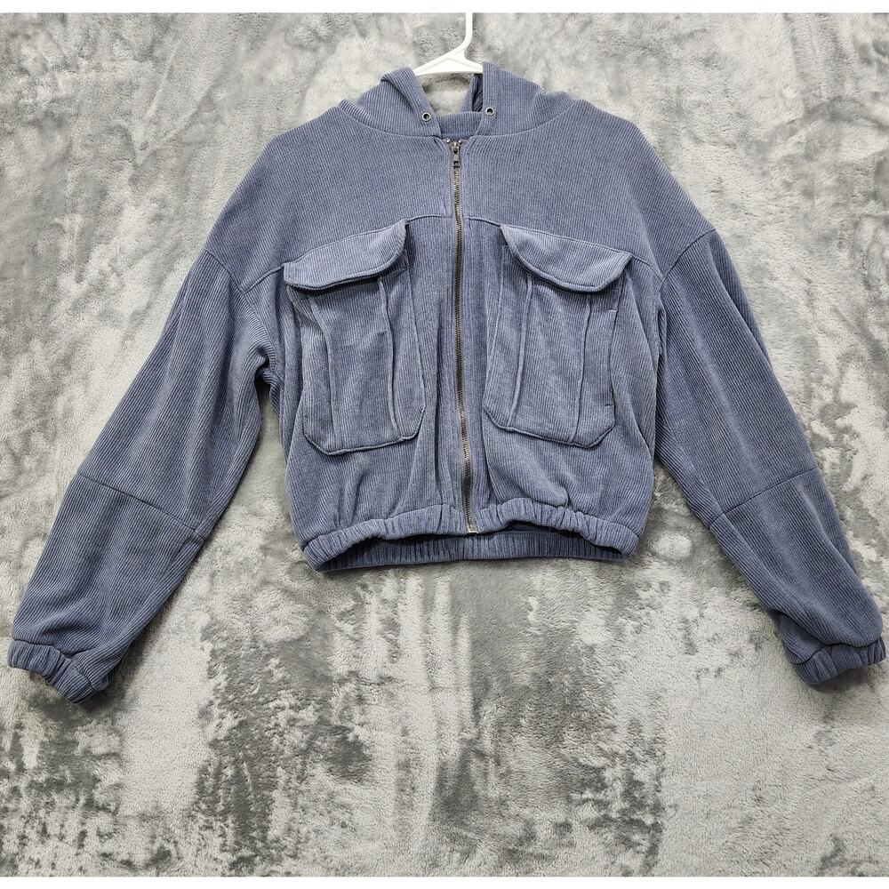 Reserve Fairfax Jacket Women M Blue Corduroy Crop Hoodie Full Zip Pockets Casual